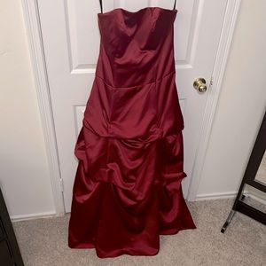 Red strapless pickup formal gown with corset back